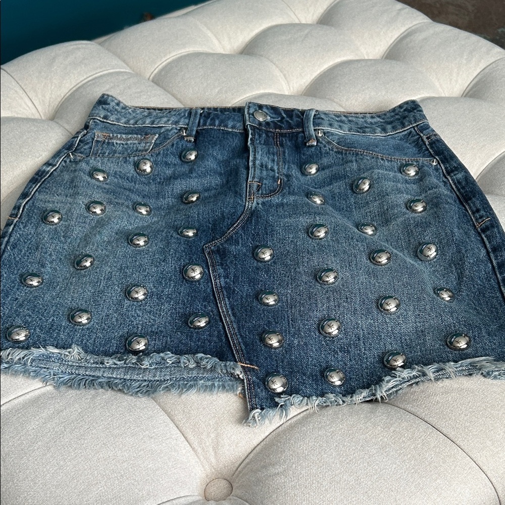 Good American Blue Denim Mini Skirt with Silver Accents - Picture 2 of 8